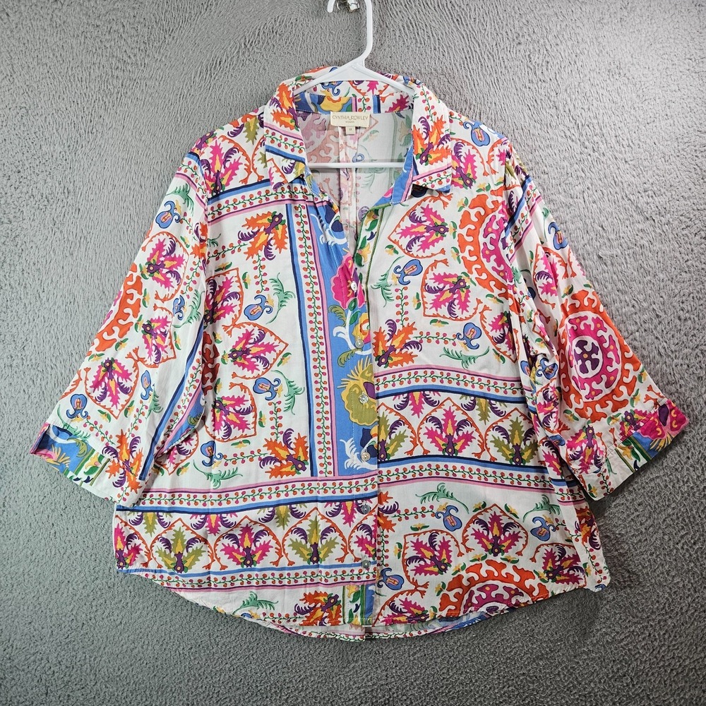 Cynthia Rowley Shirt Top Woman 1X Button Up‎ Colorful Geometric Print Preppy